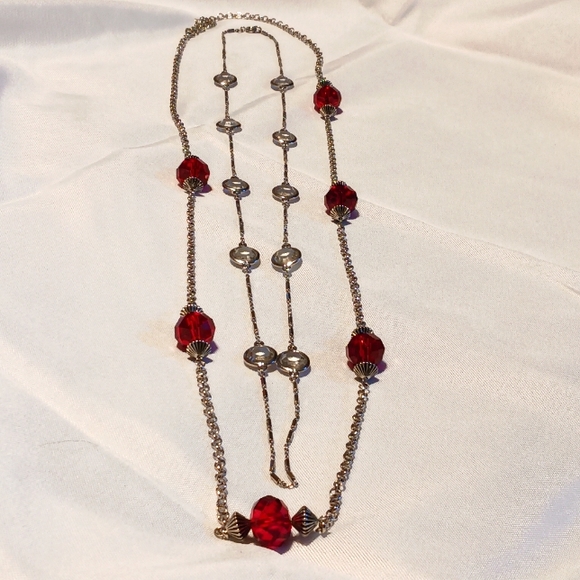 2 long Necklaces, Red Beads, Silver toned - Picture 2 of 8